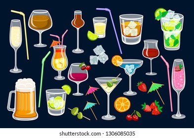 cocktails on black background. Vector illustration for web and print, party invitation or menu decoration, strawberry and Blueberry, Fresh Blackberry, Margarita classic 