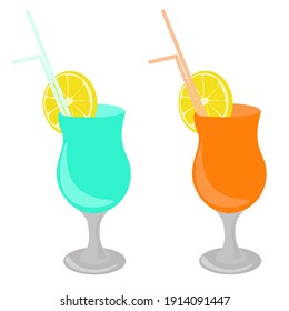 Cócteles de fondo blanco. Cóctel vectorial azul y naranja, bebida. Objeto editable aislado.