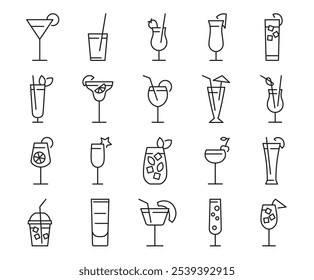 Cocktails Outline Icons Set. Collection of drinks and beverage. Vector illustration