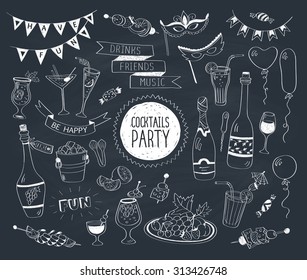Cocktails party doodle set. Hand drawn beverages icons isolated on white background. Doodle food and drinks. Beverages, glass, bottles, fruits, snacks, masks.