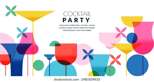 Cocktails party horizontal banner, poster, flyer template. Vector flat illustration. Abstract geometric color design. Alcoholic, non-alcoholic drinks cocktail menu, bar elements on white background