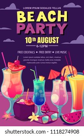 Cocktails party on the night beach. Vector poster, banner layout. Tropical bar background with alcohol cocktails on sand. Cartoon style illustration.