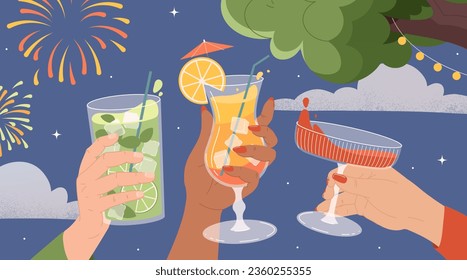 Cocktails party poster. Men and women with glasses with juicy drinks and straw. Greeting and invitation postcard design. Event and holiday, festival. Cartoon flat vector illustration