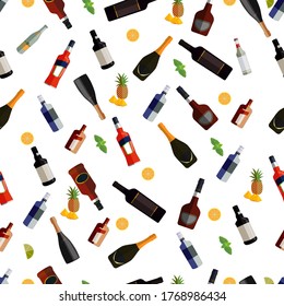 cocktails pattern, rum, cuvacao, aperol, prosseco, brandy, whisky, champagne, wine, vector illustration