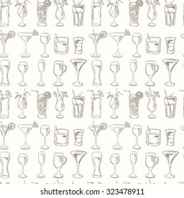 Cocktails Pattern. Vector Set of Sketch Cocktails and Alcohol Drinks. Margarita, Blue Lagoon, Mojito, Cosmopolitan, Pina Colada, Bloody Mary, Mulled wine, 