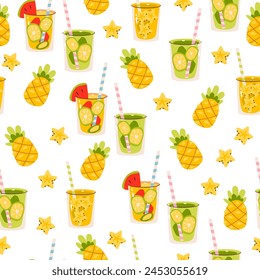 Cocktails Pineapples Seamless Pattern vector flat illustration. Classic cocktails in different types of glasses Alcohol beverages.