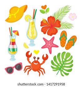 Cocktails and plants, summer symbols, crab and starfish vector. Straw hat and hibiscus, flip flops and sunglasses, beach and relax, tropical greenery, summertime objects