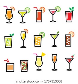 Cocktails, popular alcoholic drinks glasses vector icons set - pub, bar concept. Alcohol color icons set - famous cocktails isolated on white 
 