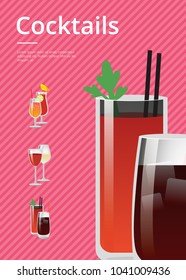 Cocktails poster with bloody Mary and whiskey cola, wine and champagne, vodka and juice cocktails with straws vector illustration alcohol drinks on red