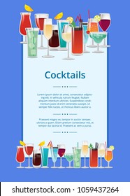 Cocktails poster, multicolored vector illustration isolated on blue backdrop, white rectangle with text sample, set of drinks in decorated goblets