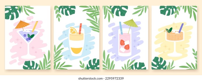 Cocktails posters, abstract cocktail and tropical leaves. Summer beach bar graphics, drink party invitation template. Beverages racy vector flyers