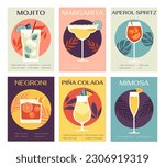 Cocktails posters set. Mojito, margarita, pina colada, mimosa, negroni and aperol spritz. Collection of summer refreshing drinks with ice. Cartoon flat vector illustrations isolated on background