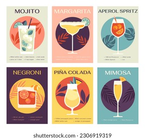 Cocktails posters set. Mojito, margarita, pina colada, mimosa, negroni and aperol spritz. Collection of summer refreshing drinks with ice. Cartoon flat vector illustrations isolated on background