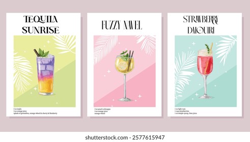 Cocktails posters set. Tequila, fuzy navel and strawberry daiquiri. Collection of summer refreshing drinks with ice. 