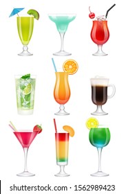 Cocktails realistic. Alcoholic drinks in glasses juice tequila mint vodka liquer gin tonic vector realistic cocktail pictures