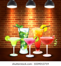 Cocktails realistic colored composition with five different cocktails alcoholic mixed multicolored cocktails vector illustration