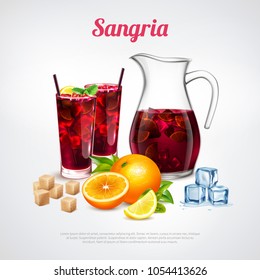 Cocktails realistic poster with sangria ingredients and jug of alcoholic beverage inside vector illustration