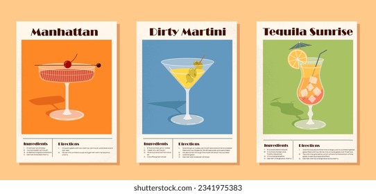 Cocktails recipe banners set. Manhattan, Dirty Sunrise and Tequila Sunrise. Alcoholic cold drinks, fresh tropical beverages. Cartoon flat vector collection isolated on beige background