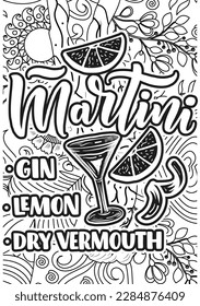 Cocktails Recipes Coloring Page, Cocktails Recipes Book design, motivational quotes coloring pages design. inspirational words book design, anxiety relief coloring book for adults.