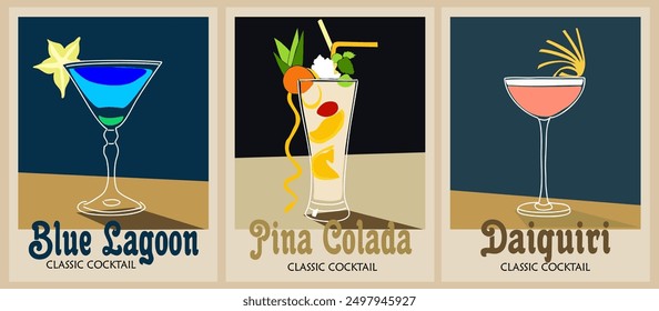 Cocktails retro poster set. Pina Colada, Blue Lagoon, Daiquiri. Collection of popular alcohol drinks. Vintage flat vector illustrations for bar, pub, restaurant, kitchen wall art print.