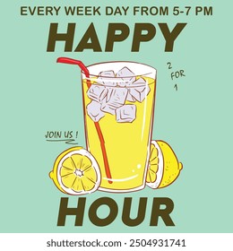 Cocktails retro poster vector, Party poster design. Drinks, Cocktails, Template for social media for bar, restaurant, party, drinks, and more. Label Sign street art. Vector hand drawn textured Graphic