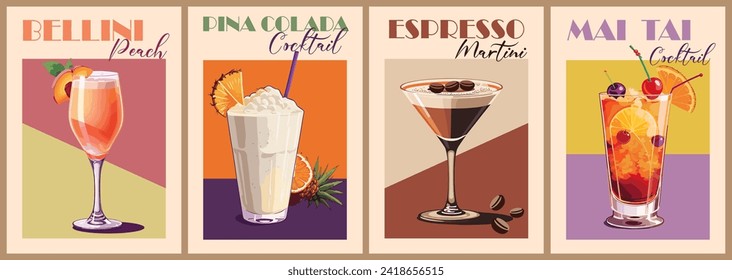 Cocktails retro poster vintage vector art set.