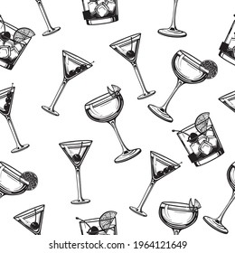 Cocktails seamless pattern alcoholic daiquiri, old fashioned, manhattan, martini, sidecar glass hand drawn engraving vector illustration. Isolated black and white vintage style	