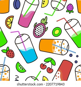 cocktails seamless pattern. cup with straw and cap for cocktail and juice
