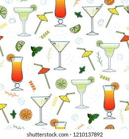 Cocktails. Seamless pattern with hand drawn glass of Margarita, Dry Martini, Tequila Sunrise, straws, decor elements. Vector summer illustration for design, Website, Background, Banner, Menu, Template