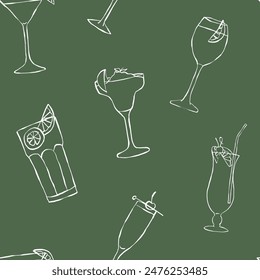 Cocktails seamless pattern. Minimalist background of trendy hand-illustrated drinks. Texture for wrapping paper, fabrics, social media designs and stationery. Drinks background.