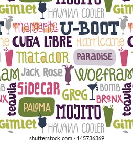 Cocktails. Seamless pattern. Names of different cocktails on white background.