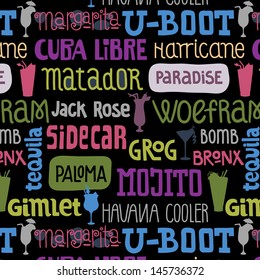 Cocktails. Seamless pattern. Names of different cocktails on black background.