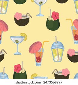 Cocktails seamless pattern. Ornament of fresh summer beverages and tropical drinks. Ornament of Vector design in cartoon style.