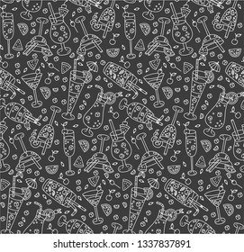 Cocktails seamless vector pattern doodles on black background