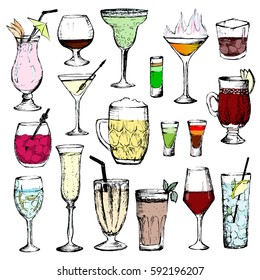 Cocktails - set of 18 color hand-drawn drinks