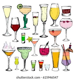 Cocktails - set of 20 color hand-drawn drinks