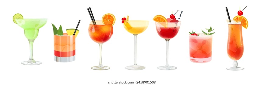 Cocktails set of 7 illustration isolated on a white background. Vector illustration.