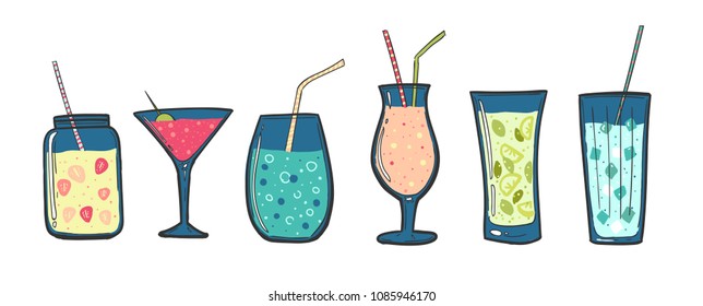 Cocktails set. Alcoholic drinks in glasses with tubes. Summer Cocktails. Berry smoothies, milkshake and fruit juice. Mojito and lemonade