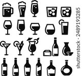 Cocktails set. Alcoholic cocktails icons. Martini cocktail. Set includes martini, mojito, whiskey, wine. Drink glass sign. Icons set for restaurant, pub, bar. Vector illustration