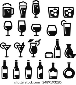 Cocktails set. Alcoholic cocktails icons. Martini cocktail. Set includes martini, mojito, whiskey, wine. Drink glass sign. Icons set for restaurant, pub, bar. Vector illustration