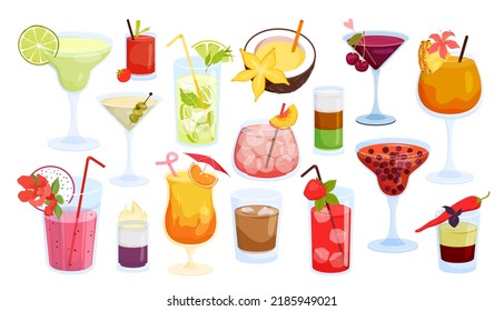 Cocktails set for beach party, bar or restaurant menu vector illustration. Cartoon isolated glasses collection with different cold alcohol drinks, juice summer fruit and mint, umbrella and ice cubes