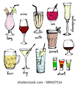 Cocktails - set of color hand-drawn drinks with text