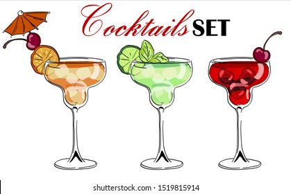 Cocktails set. Drunk cherries, margaritas, exotic cocktails.