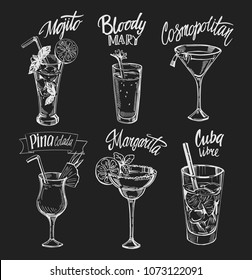 Cocktails set. Hand drawn sketch converted to vector. 