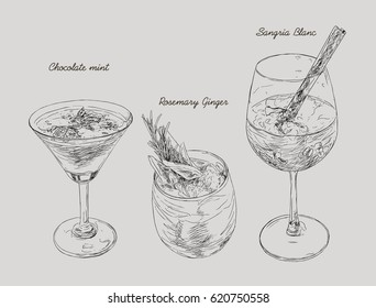 Cocktails - set of hand-drawn drinks, chocolate mint , Ginger rosemarry, Sangria Blanc.
