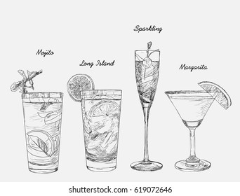 Cocktails - set of hand-drawn drinks, Margarita , Ling Island Ice tea , Jelly Sparkling , Mojito.