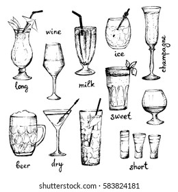 Cocktails - set of hand-drawn drinks and text