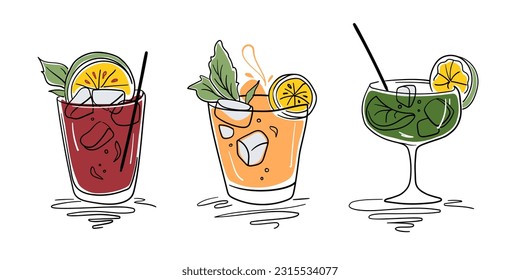 Cocktails set line art drawing on white background. Summer drinks outline. Drinks for cafe menu vector illustration