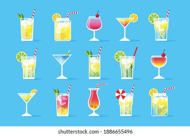 Cocktails set Menu, flat colorful vector illustration, Isolated on Blue background