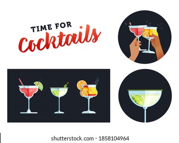 Cocktails Set. Modern Flat Vector Concept Illustrations. Kinds of Cocktails. Badge with Hands Holding Cocktails and Glass of Drink. Funny Quote. Social Media Ads.